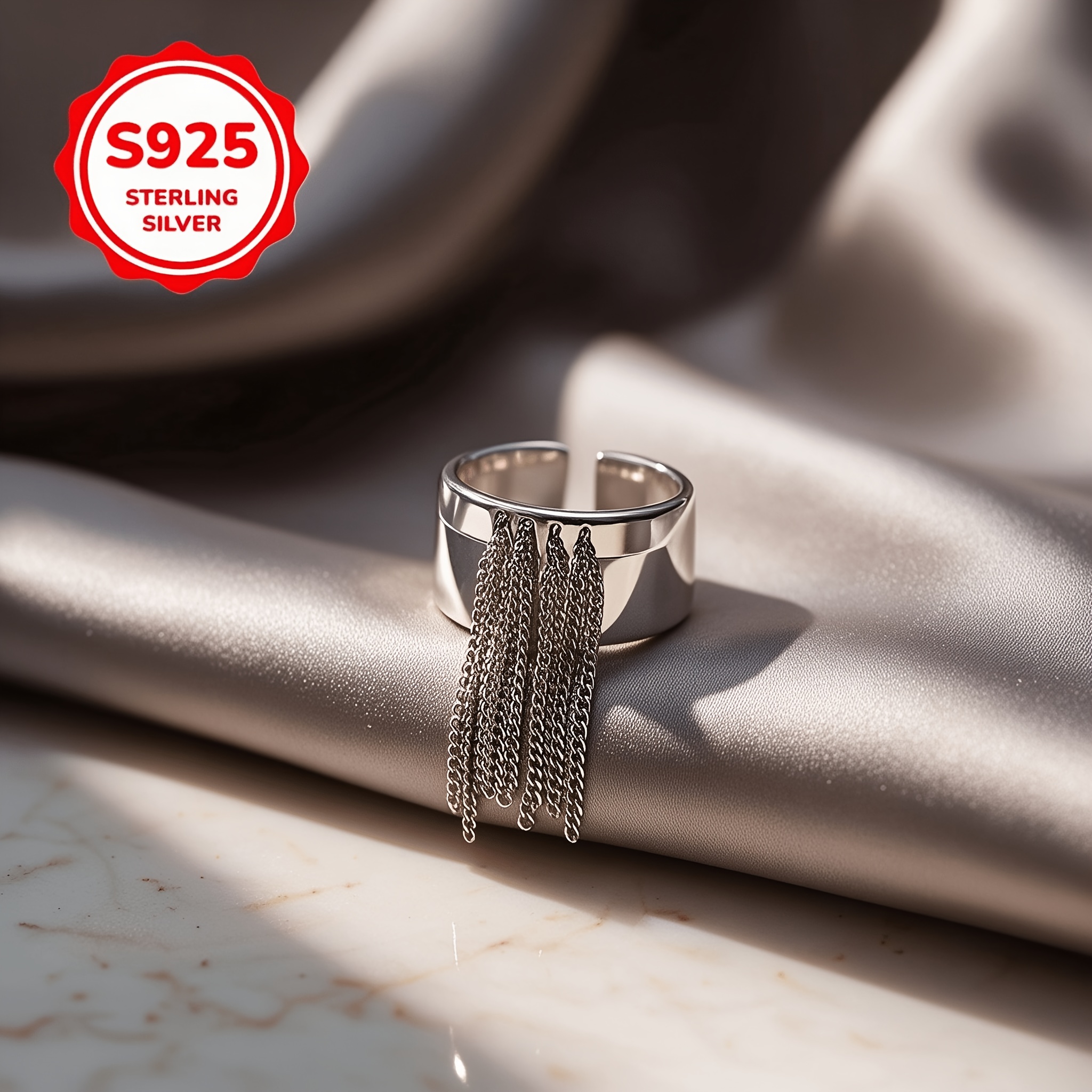 925 Silver Geometric Tassel Long Chain Adjustable Ring
